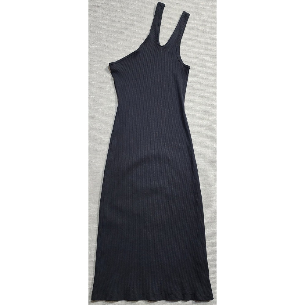 ASOS DESIGN Black Ribbed One Shoulder Double Strap Midi Dress US 6 Bodycon